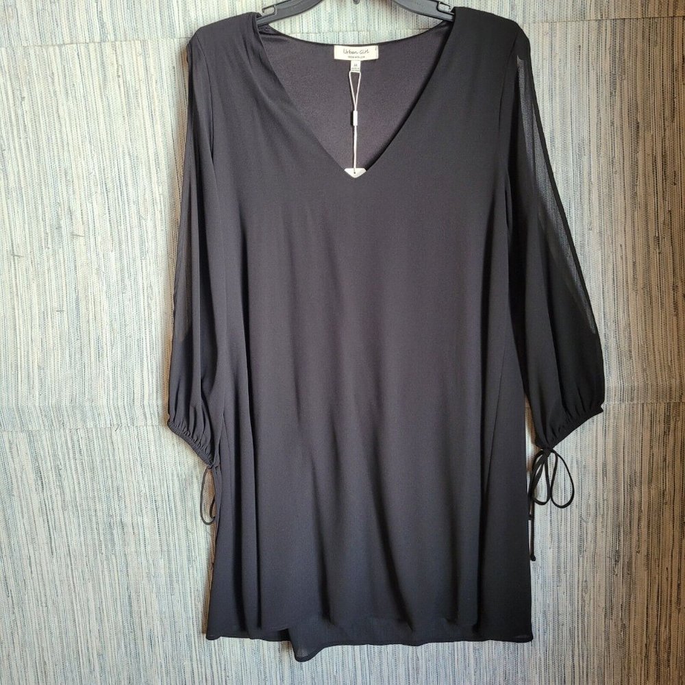 Urban Girl Long Sleeve Black Top Dress V Neck Arm Slit Bow Tie Women Size M